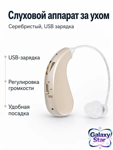 Цифровой заушный слуховой аппарат с USB-зарядкой, серебристый 06D