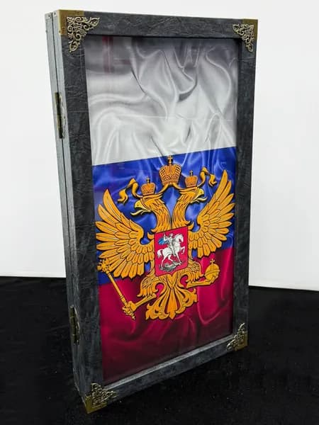 Нарды большие стеклянные "Герб РФ" RS, из натурального дерева, обтянуты экокожей премиум класса, игровое поле под каленым стеклом
