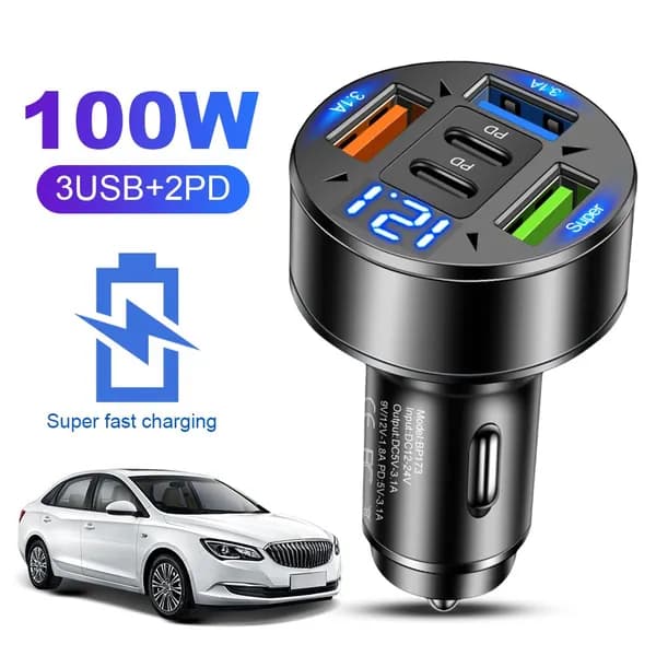 Автомобильное ЗУ 100 Вт с цифровым дисплеем, 5 портов, QC3.0 и PD