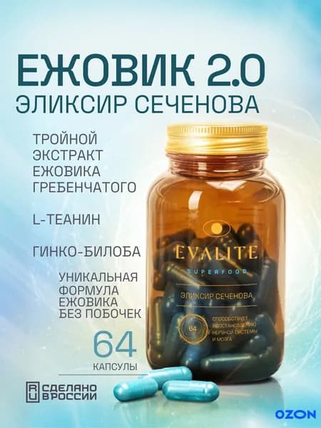 Evalite.Superfood Ежовик гребенчатый капсулы с гинко билоба, l теанином и витамином с. Бад от стресса и тревоги с l-теанином и гинго билоба. Витамины для памяти и мозга - Эликсир Сеченова