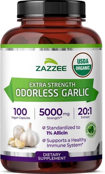 Zazzee USDA Органический чеснок без запаха 20: 1 Экстракт, 1% аллицина, 100 веганских капсул