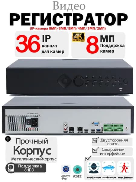 36-канальный NVR 4K UHD IP-видеорегистратор До 8 HDD (без дисков) ONVIF/NetIP Детекция лиц и авто