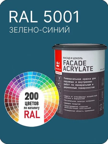 Tikkurila Facade Acrylate краска для фасадов и интерьеров цвет зелено-синий Ral 5001 0.9 л.