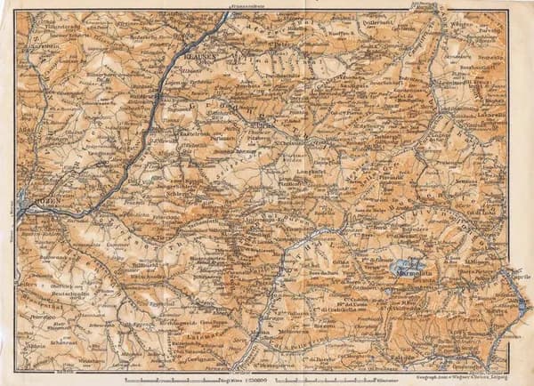 Географическая карта антикварная. Италия и Австрия. Долины Кунтерсвег, Гроднерталь и Валь ди Фасса. Смешанная техника. Германия, 1912 год
