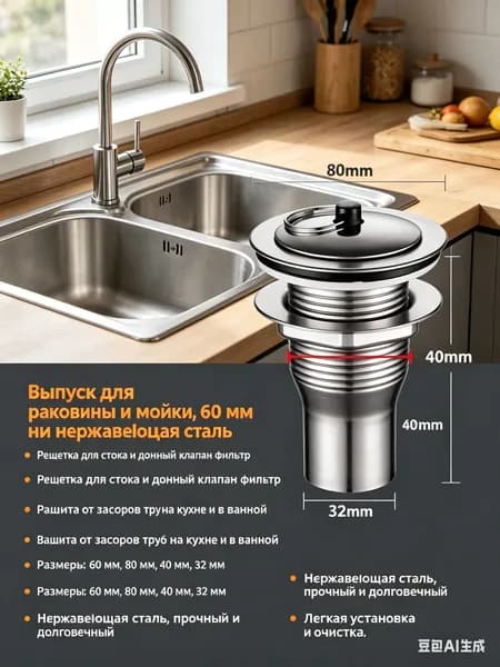 Выпуск для раковины и мойки, 60 мм нержавеющая сталь-решетка для стока и донный клапан фильтр, для защиты от засоров труб на кухне и в ванной