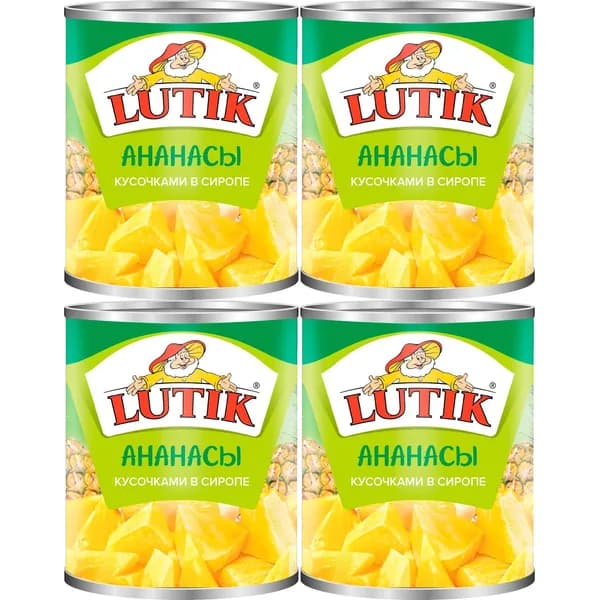 Ананасы Lutik кусочки в сиропе 850 г, набор: 4 штуки