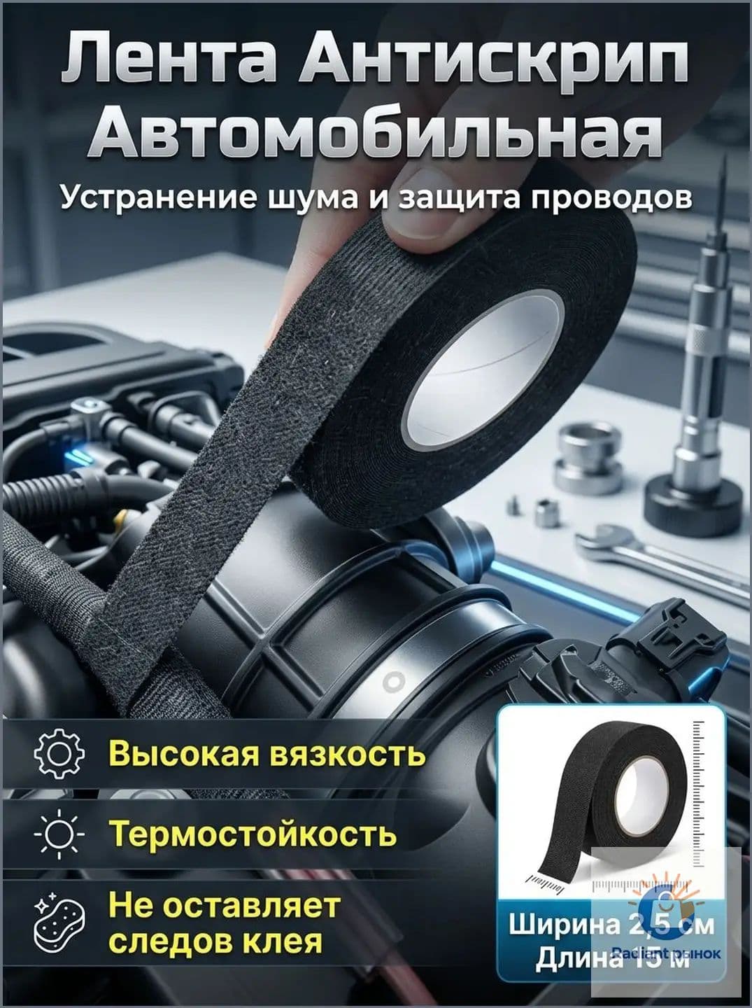 Антискрип автомобильный, 15 м, толщина: 2 мм, 1 шт.