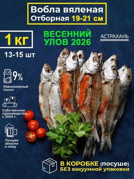 Вобла вяленая крупная с икрой 19-21 см, 1 кг, в коробке без вакуума, набор рыба сушеная целая 1000гр закуска к пиву, деликатесы Дары Каспия