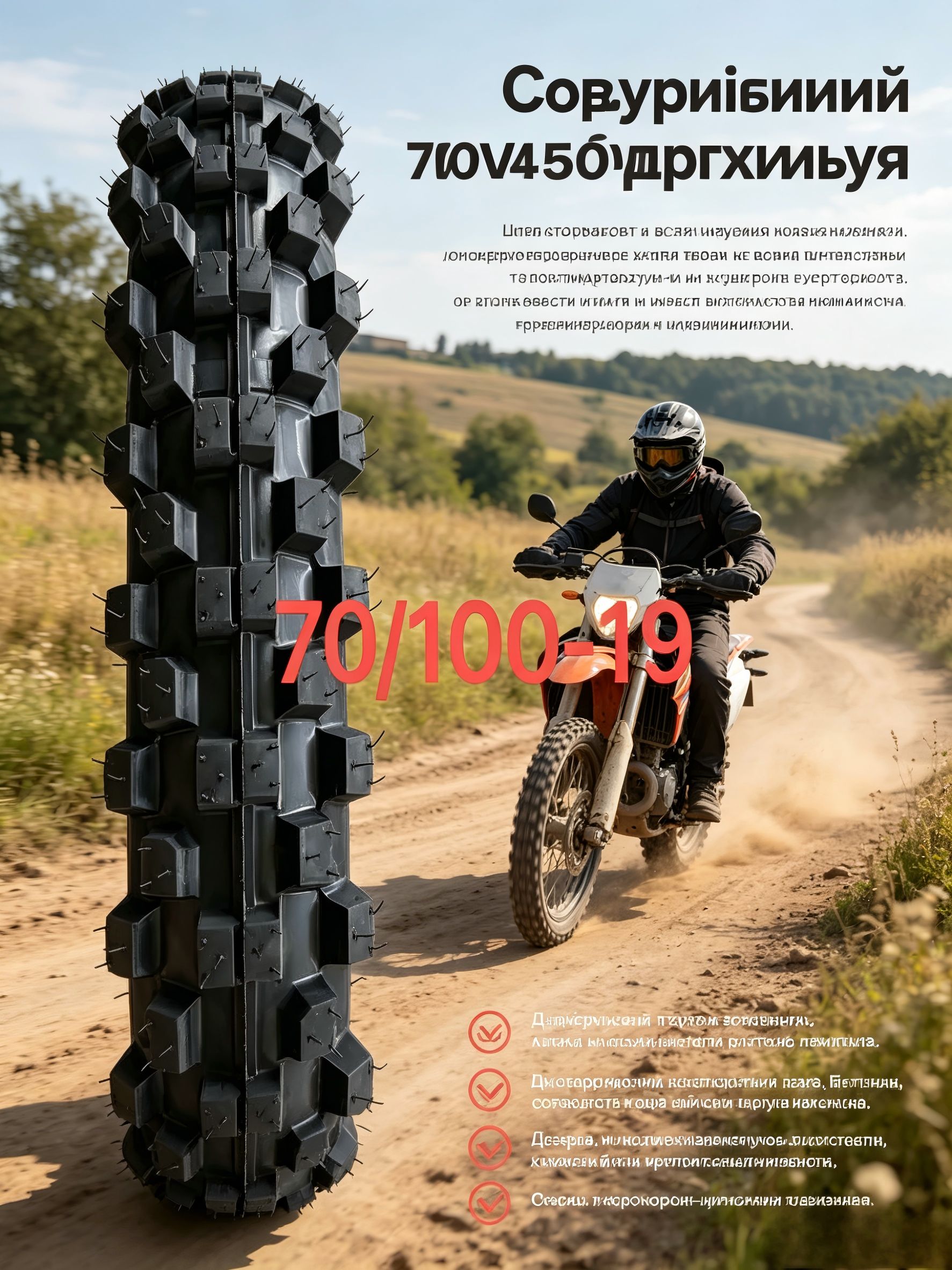 Шина мотоциклетная 70/100-19 для мотокросса, усиленная резина*1 Мотошины  70/70 R19 48 L