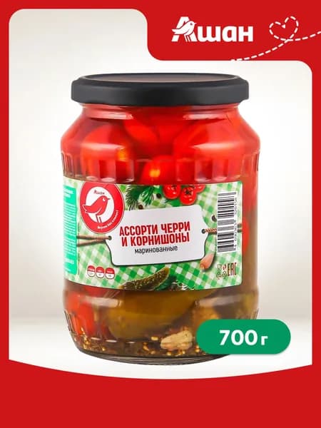 Ассорти овощное АШАН Красная птица черри и корнишоны, 700 г