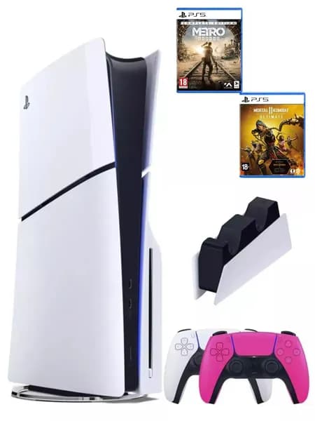 PS5 (ПС5) Игровая приставка Sony PlayStation 5 Slim + 2-й геймпад(розовый) + зарядное + 2 игры Metro+ Mortal Kombat 11, 1000Gb