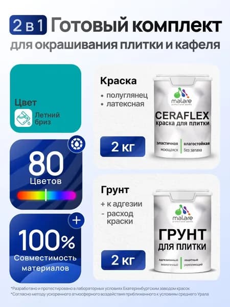 Комплект Malare LIPPO для окрашивания плитки и кафеля (2кг грунт + 2кг краска), акриловый, без запаха, быстросохнущий, полуглянцевый, цвет летний бриз