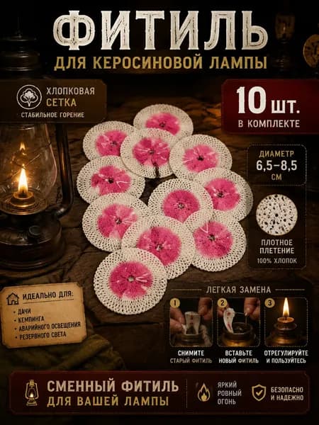 Фитиль для керосиновой лампы хлопковый сетчатый 10 шт, сменный фитиль 6,5-8,5 см для масляных ламп и освещения