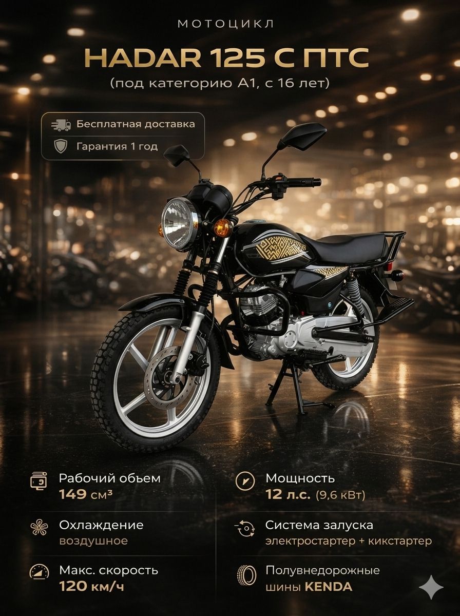 Мотоцикл HADAR 125 BLACK с ПТС (категория прав А1), 12 л.с., для города, с 16 лет, взрослый бензиновый