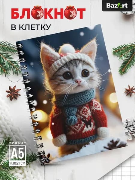 Блокнот в клетку А5 Новогодний и записей Котик