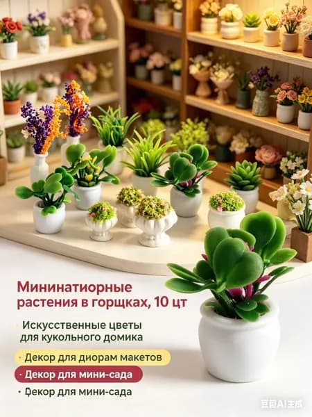 Миниатюрные растения в горшках, 10 шт - искусственные цветы для кукольного домика, декор для диорам макетов и мини-сада.