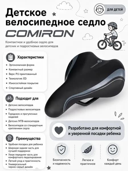 Седло велосипедное детское COMIRON 235x135, Технологии: ED, Верх: PU принтованный, Цвет: Чёрный Серый