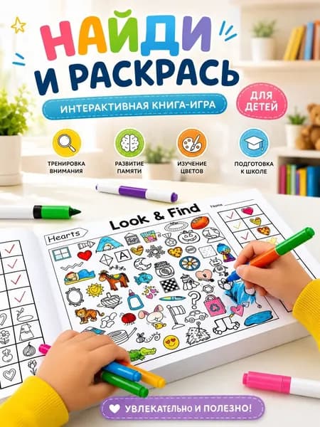 Интерактивная развивающая книга "Найди и раскрась" для детей Тренировка внимания, памяти и цветовосприятия Канцелярия к школе