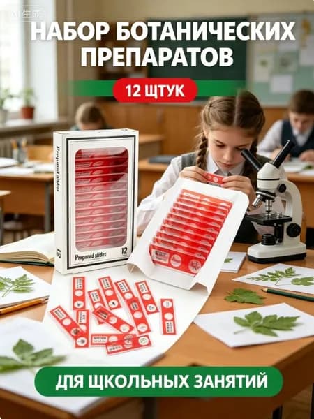 Набор микропрепаратов для микроскопа,12 штук,насекомые и животные,Растения,Человек,Овощи