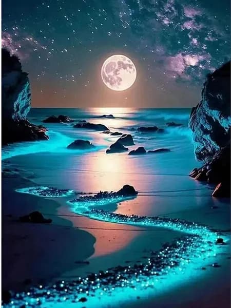 Алмазная мозаика большая картина "Пляжный лунный свет" 30х40 см со светящимся в темноте стразами и 5Д элементами