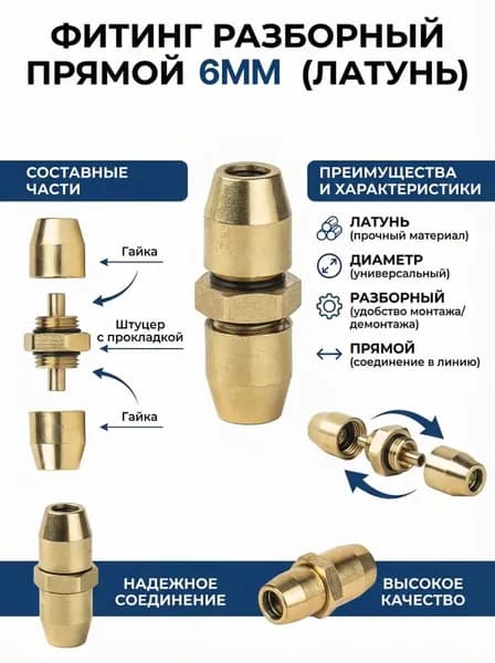 Пневматический фитинг разборный, прямой, 6 мм, латунь