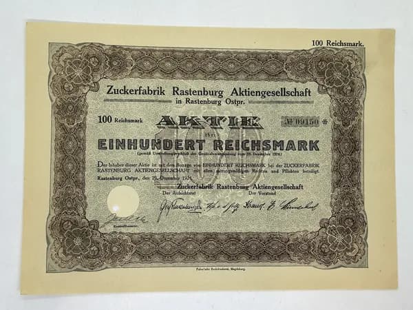 Ценная бумага Германия Сахарный завод Rastenburg AG, 100 марок 1924 год