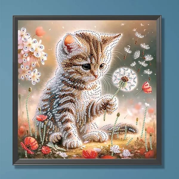 Частичная выкладка стразами Одуванчик и котёнок картина из смолы 30 30 см