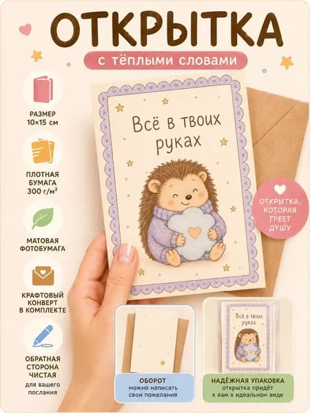 Открытка мотивирующая/мотивационная карточка с тёплыми пожеланиями 10*15 см с крафтовым конвертом