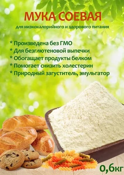 Мука соевая обезжиренная 0,6кг. Без глютена и без ГМО, кулинарная диетическая, заменитель яиц, Сой Соич