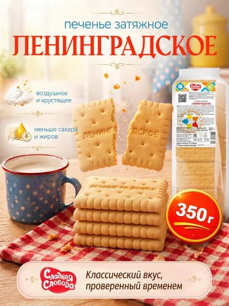 Печенье затяжное "ЛЕНИНГРАДСКОЕ" знакомое с детства - воздушное и хрустящее, 350 г / Сладкая слобода