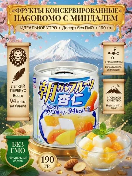 Фрукты консервированные Hagoromo с миндалем (десерт, без ГМО), 190 гр., Hagoromo Co, Japan