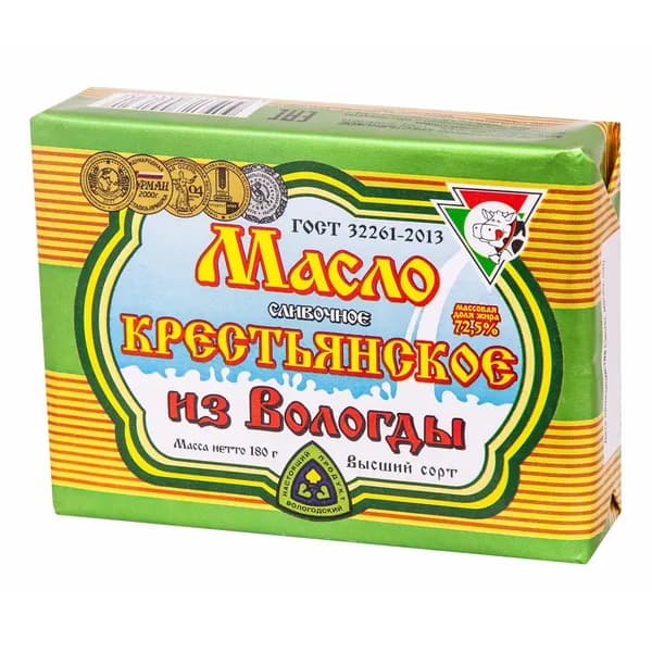 Сливочное масло Из Вологды Крестьянское 72,5% БЗМЖ 180 г