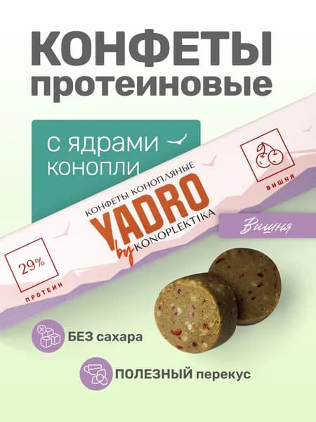 Конфеты протеиновые без сахара с ядрами конопли, вкус вишня