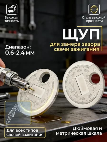 Инструмент для измерения зазора свечей зажигания,Применимо к 0,6-2,4 ммПриспособление типа "монета" для проверки зазора между электродами свечи