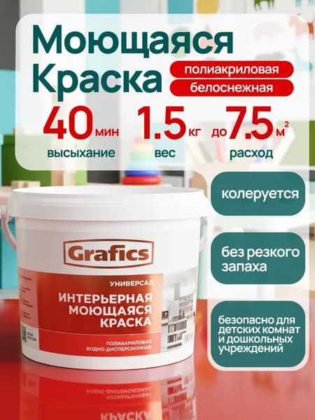 Краска для стен и потолков моющаяся интерьерная Grafics, акриловая матовая белая, без запаха, 1.5 кг