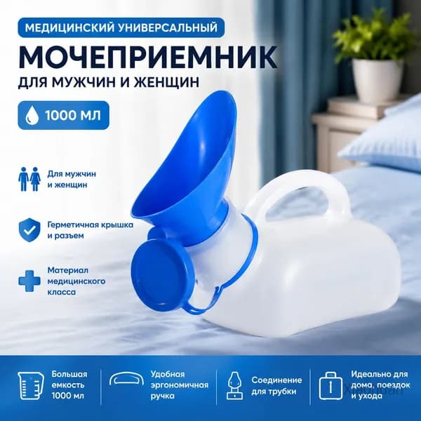 Медицинский универсальный мочеприемник (для мужчин и женщин) объемом 1000 мл с крышкой и разъемом