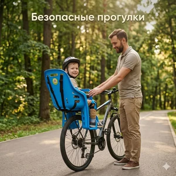 Детское велокресло на задний багажник с пятиточечным ремнем безопасности, поручнем и защитой ног.