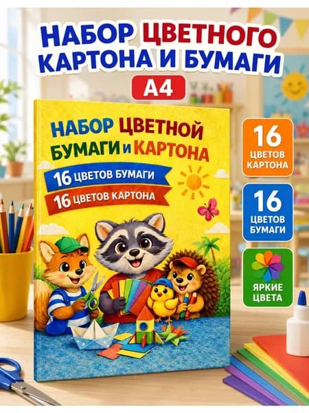 Набор цветной бумаги и картона А4, 32 листа, 16 цветов бумаги и 16 цветов картона, для аппликаций и творческих занятий