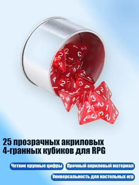 25 прозрачных акриловых 4-гранных кубиков для RPG, Прозрачный красный