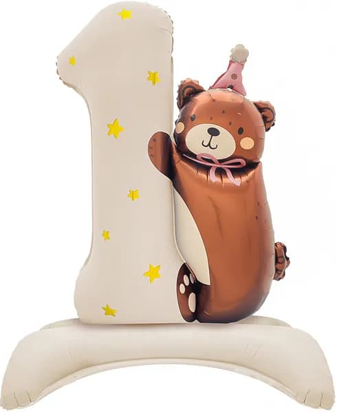 Шар (35''/89 см) Цифра на подставке, 1 Годик, Мишка в розовом колпачке, Бежевый, 1 шт.