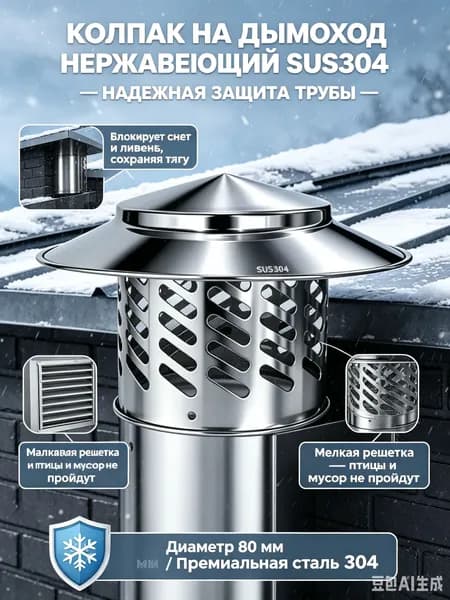 Колпак на дымоход, нержавеющий SUS304-зонт на трубу 80 мм, для защиты вентиляции от осадков и птиц на крыше