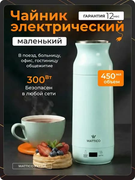 Мини чайник дорожный с регулировкой температуры Wattico Kettle 300Вт, объем 450мл, зеленый