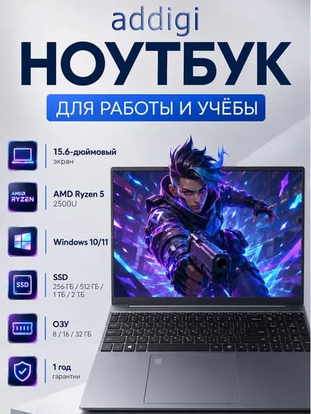 addigi Ноутбук 15.6", AMD Ryzen 5 2500U, RAM 16 ГБ, SSD 1024 ГБ, AMD Radeon Vega 8, Windows Pro, темно-серый, Русская раскладка
