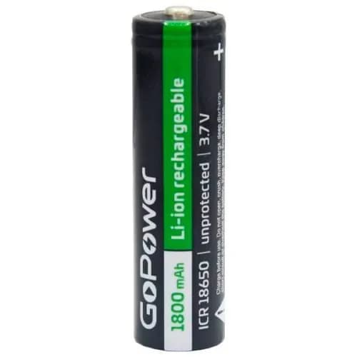 Аккумуляторная батарейка Li-ion 18650 GoPower 3.6В 1800мАч без защиты, высокий контакт, в упаковке 1 шт.
