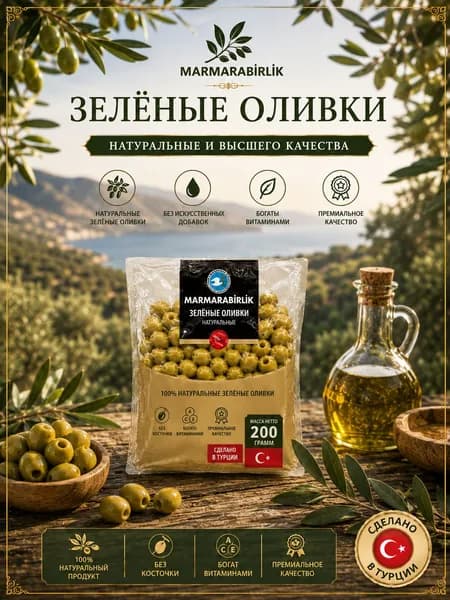 Оливки зеленые крупные MARMARABIRLIK вакуумная упаковка 200 грамм