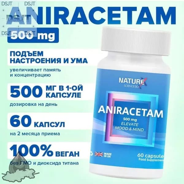 Анирацетам Aniracetam 500 mg 60 капсул "Elevate Mood & Mind" NatureX