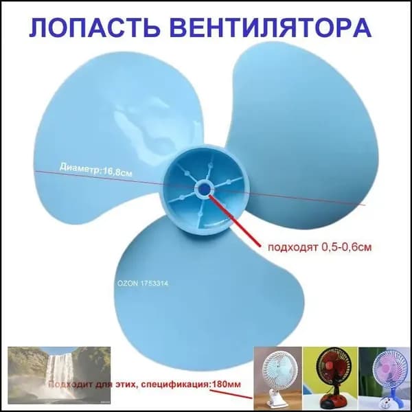 Лопасть вентилятора (крыльчатка) 16.8 см, универсальная для маленьких настольных вентиляторов 180 мм, синяя