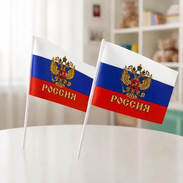 Флаг Триколор с ГЕРБОМ 20х28 см с флагштоком набор 2 шт