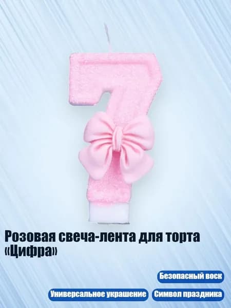 Розовая свеча-лента для торта Цифра , - 7