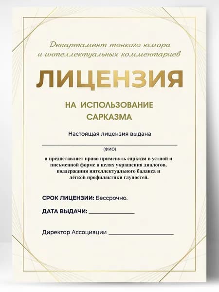 Лицензия подарочная шуточная - На использование сарказма